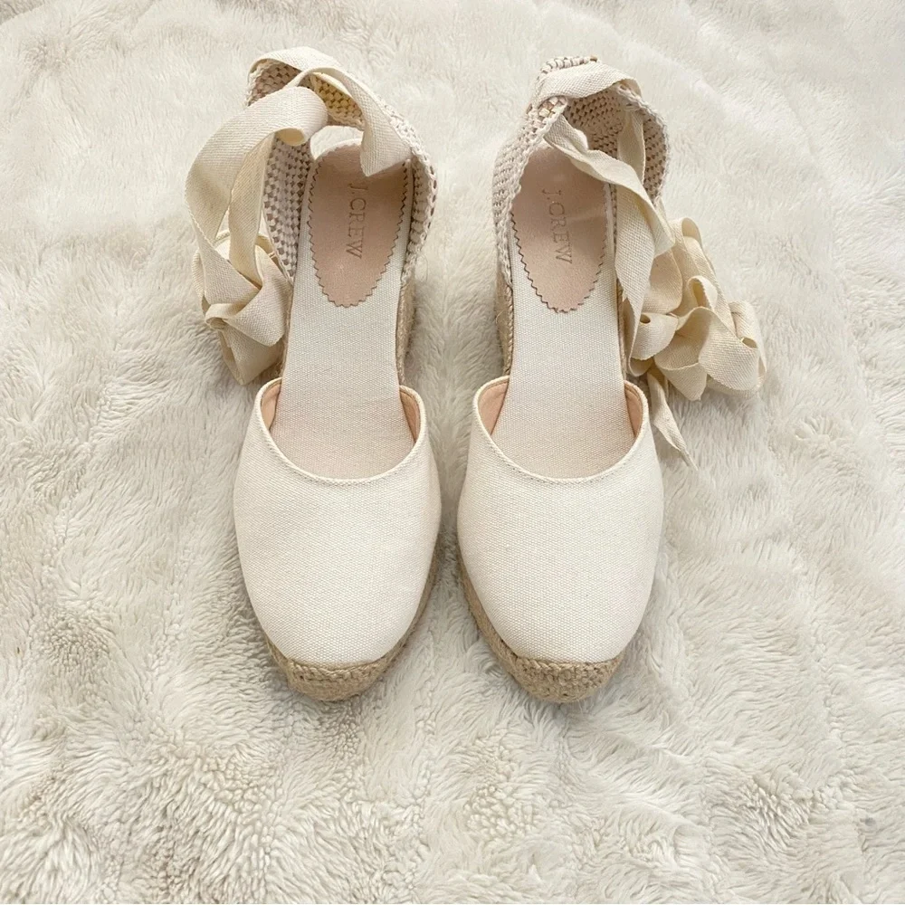 J. Crew Cream Round Toe Canvas Espadrille Wedges Size 9.5 Made in Spain